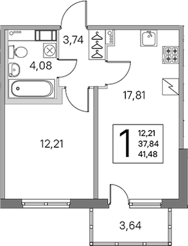1-комнатная квартира 37.84 м², 3/5 эт., ЖК «ЮгТаун. Олимпийские кварталы»